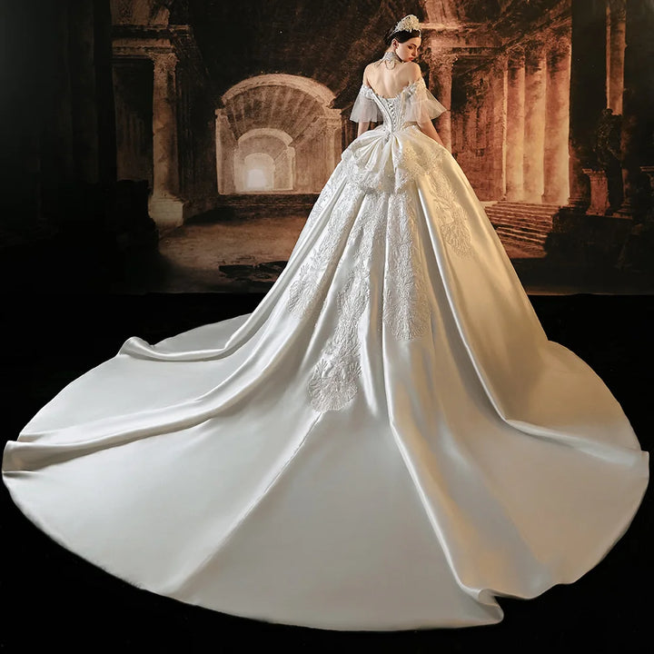 Robe de mariée élégante en satin de luxe Jancember 2024, manches courtes, col bateau, broderie, lacets, nœud, robe de mariée LSMX016