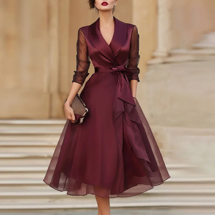 Wine red notched V-neck midi wrap dress with waist tie and pleated tulle skirt