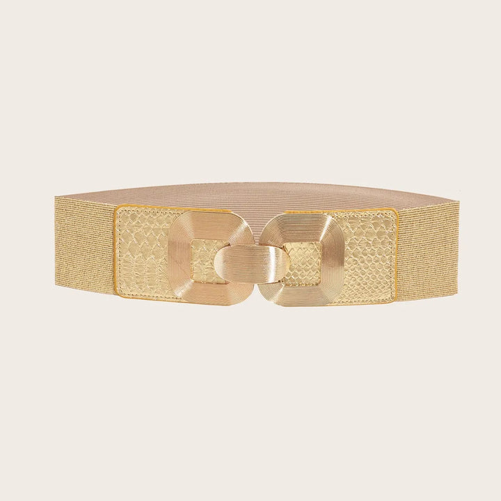 Gold wide elastic corset belt with textured center panels and shiny metal buckle.