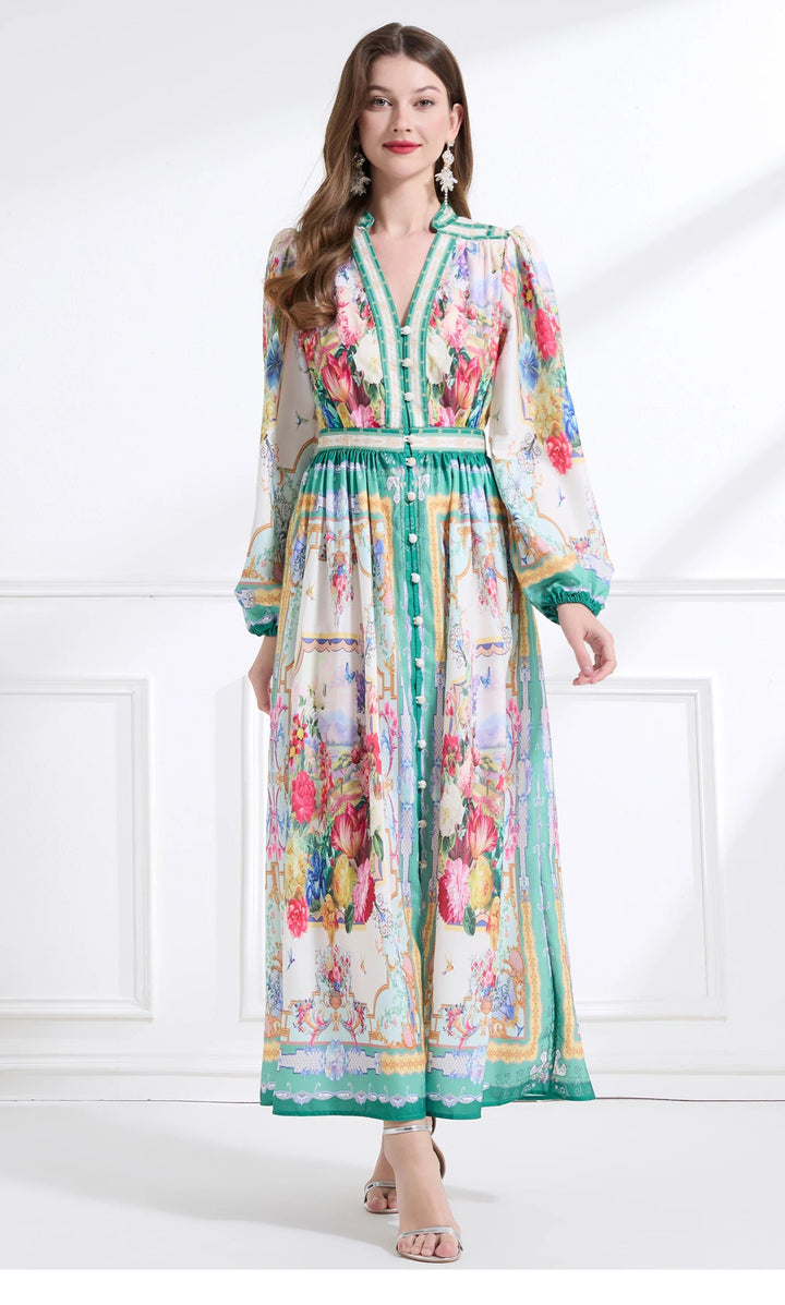 Woman wearing a colorful floral dress on a white background