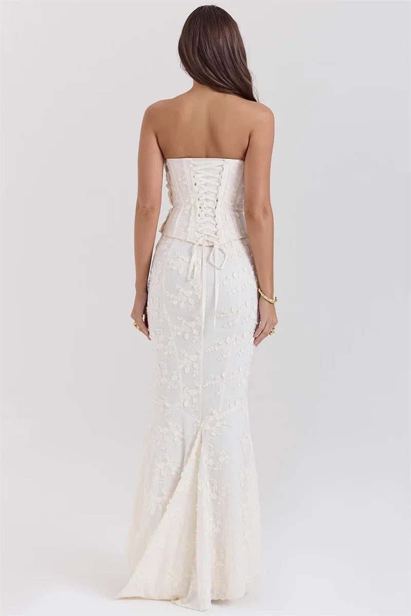 Embroidery Lace-Up 2-Piece Skirt Suit