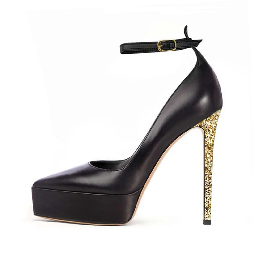 Black platform pointed-toe pumps with gold glitter stiletto heel and ankle strap