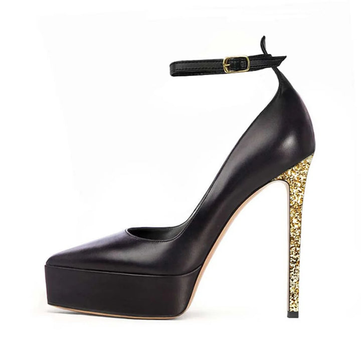 Black platform pointed-toe pumps with gold glitter stiletto heel and ankle strap