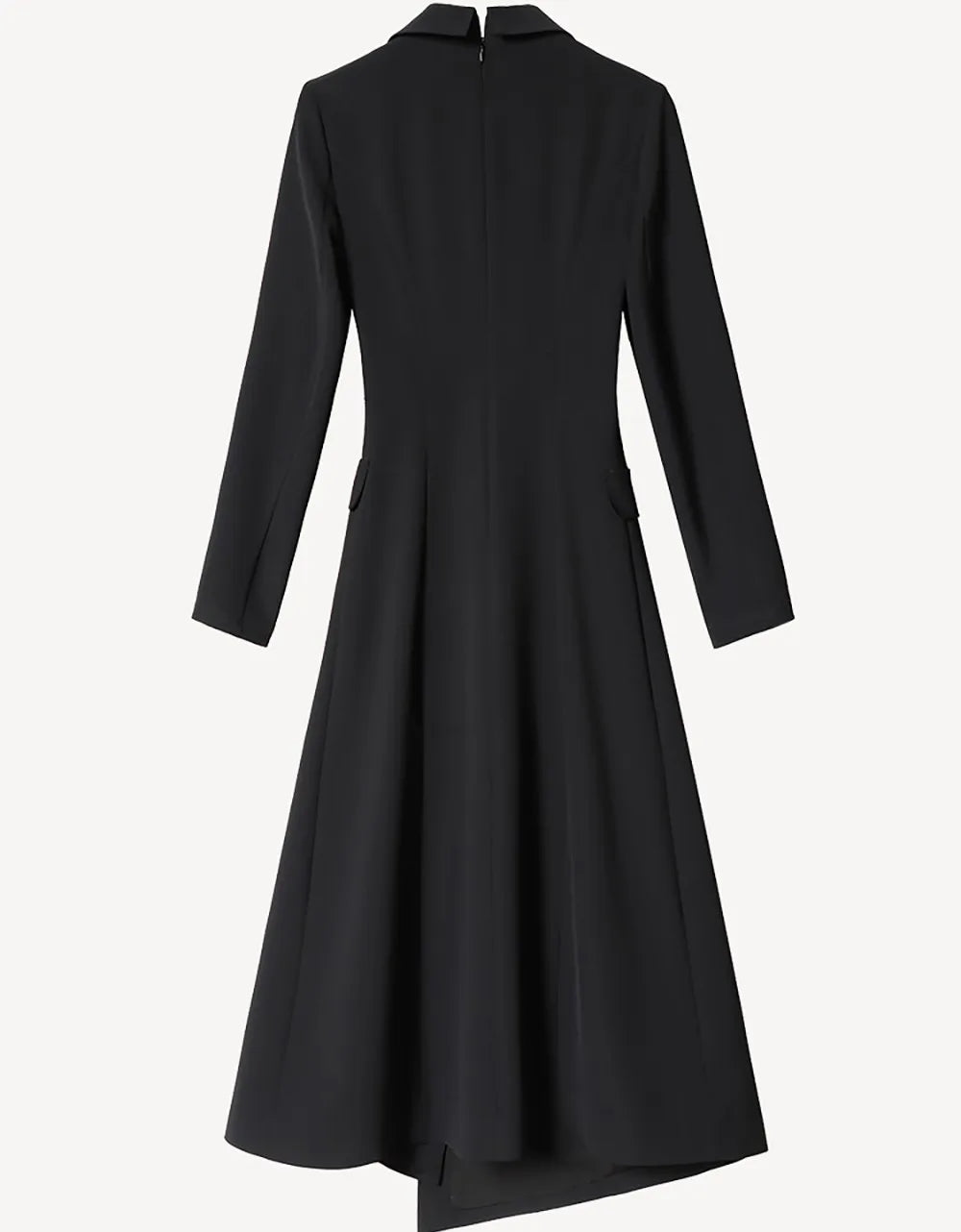 Black tailored A-line midi dress back view with long sleeves and fitted waist