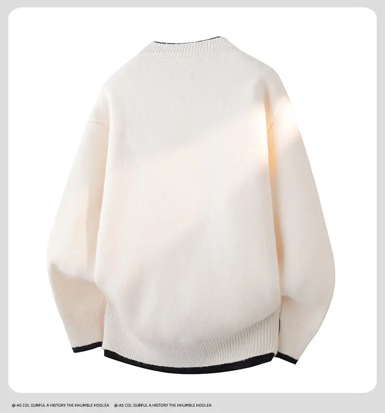 Off-white men's knit pullover with black crewneck and ribbed cuffs and hem