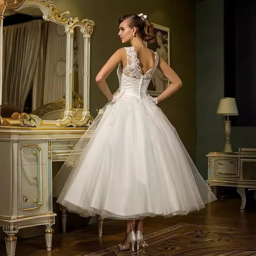 Modern Lace Applique Wedding Puff Gown