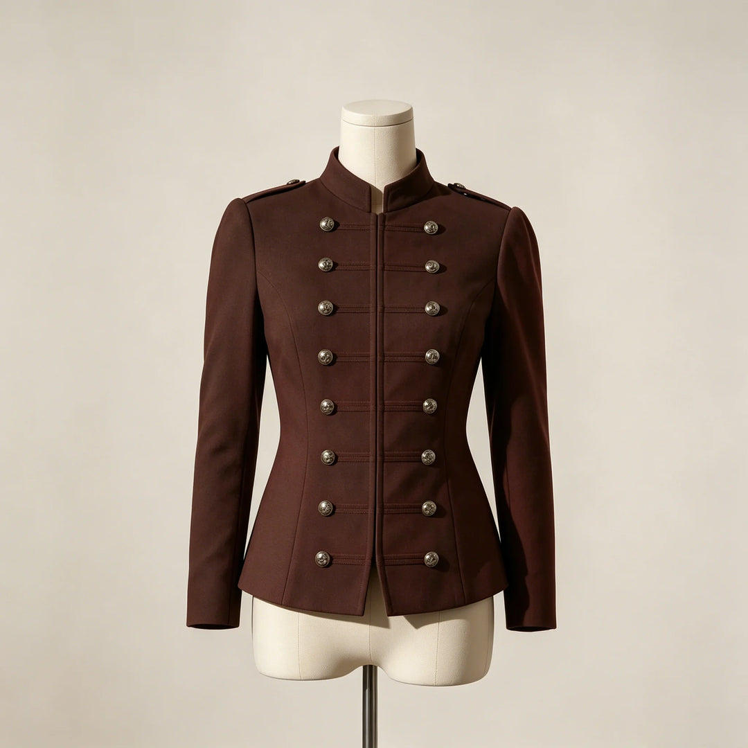 Women’s cropped military jacket in brown with stand collar and gold button front