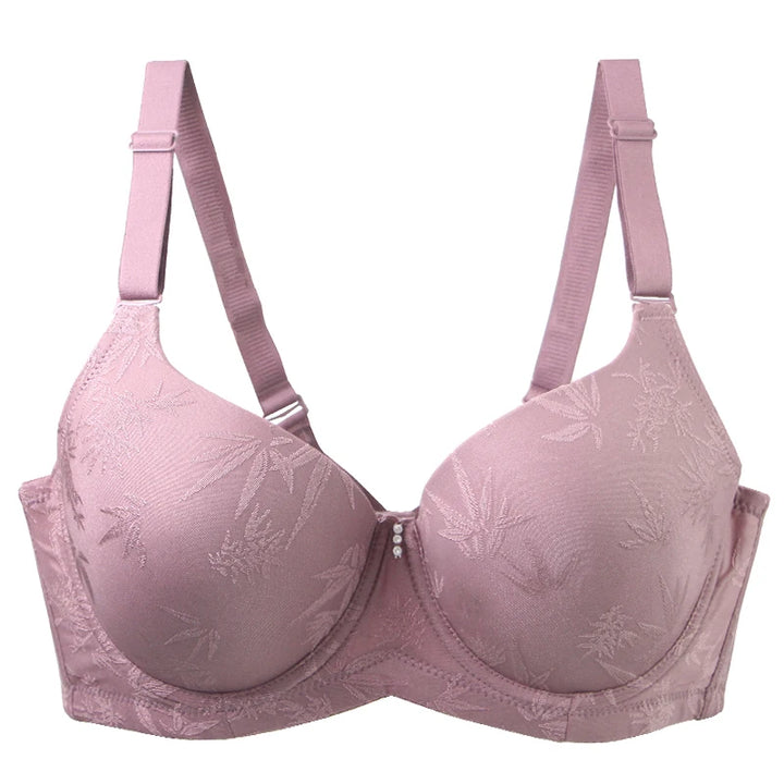 Plus-size full coverage bra, pink with jacquard leaf pattern, underwire, adjustable straps