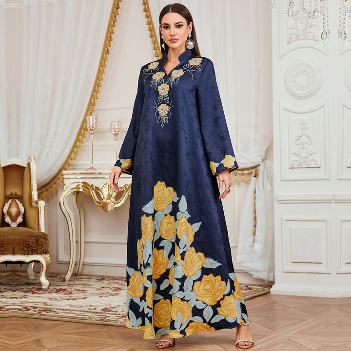 Attractive Floral Print Moroccan Abaya Dress