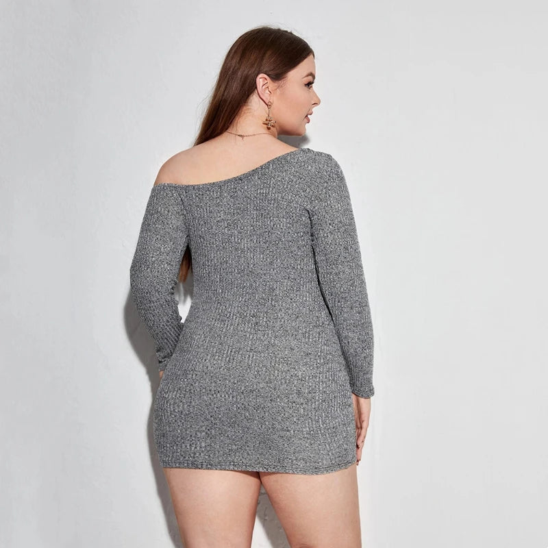 Sweet Oblique Neck Plus Size Casual Dress