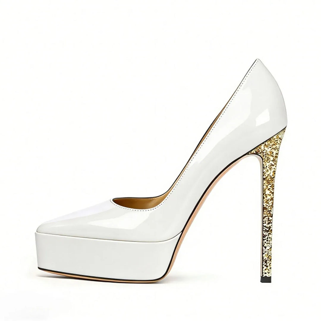White patent leather platform pump with gold glitter stiletto heel