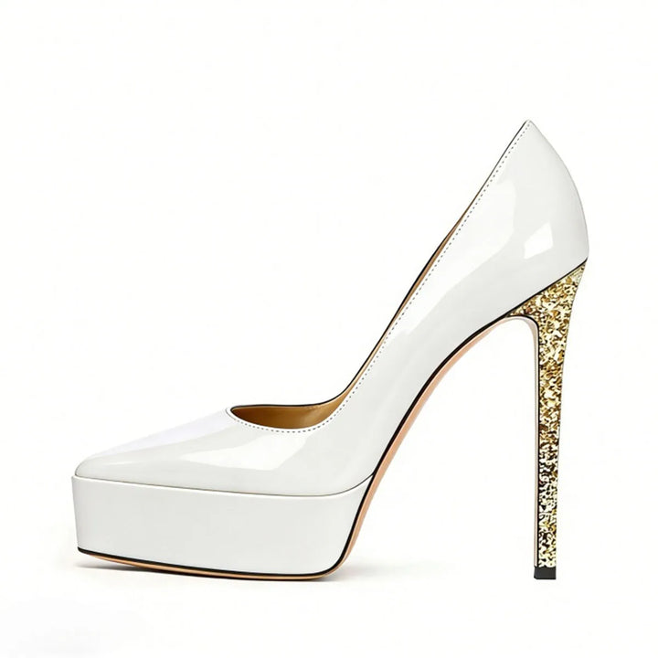 White patent leather platform pump with gold glitter stiletto heel
