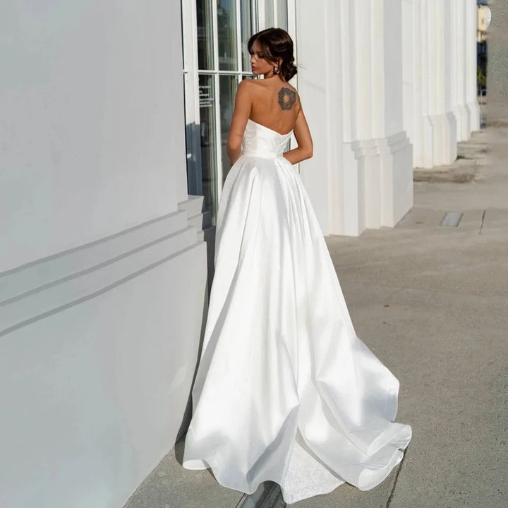 Pleat Side Slit Satin Wedding Gown