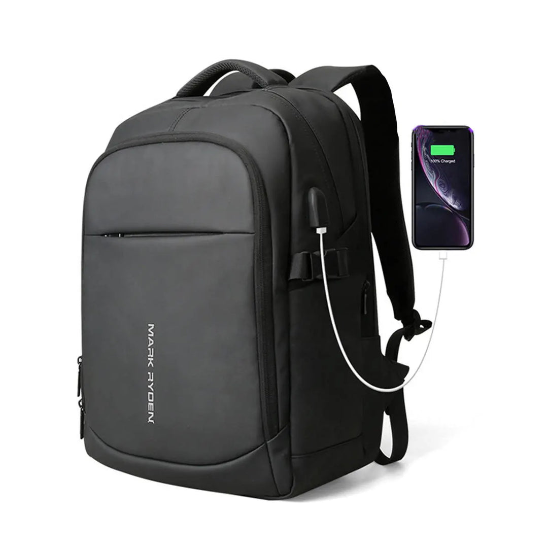Black backpack with front pocket and visible USB charging cable