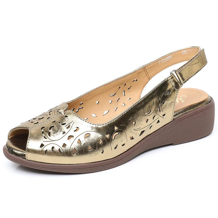 Genuine leather open-toe low wedge sandals, gold with perforated cutouts and slingback strap