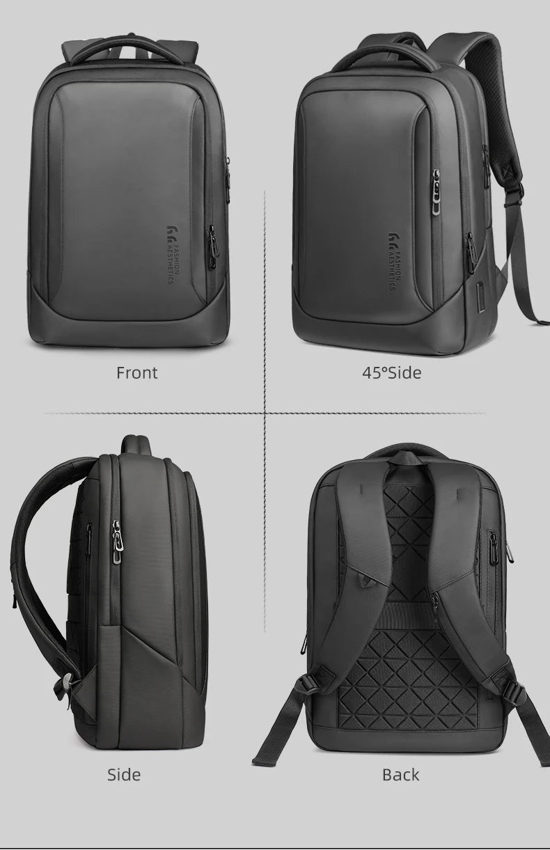 Black business backpack angle view with front, side, and back panels