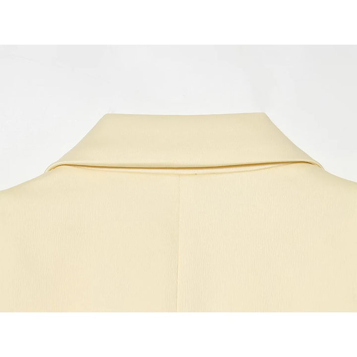 Beige cropped satin blazer back view with folded collar and clean seam details