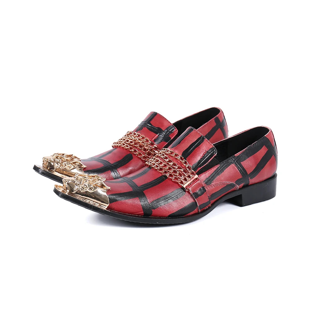 Red pointed-toe loafers with black striped pattern, gold ornate front and chain strap