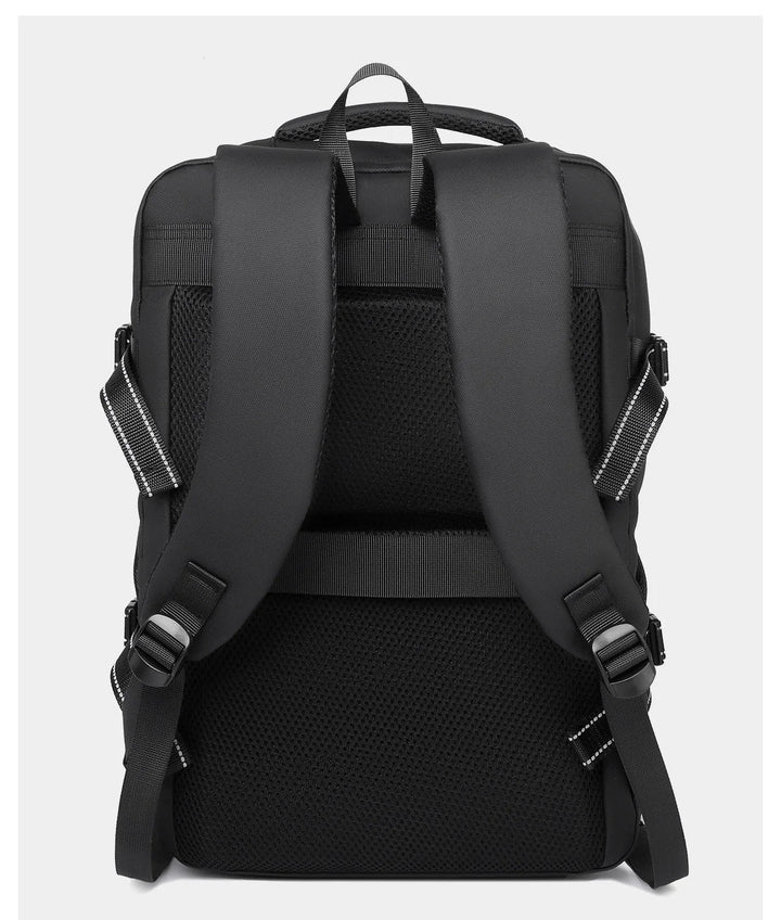 Black travel laptop backpack back view with padded shoulder straps