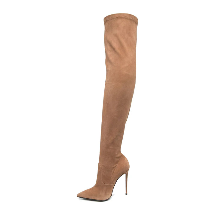 Tan knee-high skinny heel boots with pointed toe