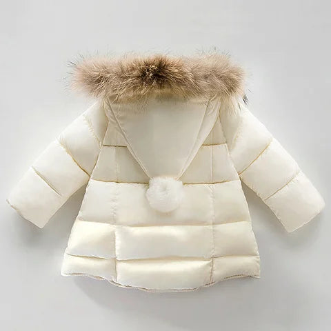 Cream kids hooded puffer coat with brown faux-fur hood trim, back view