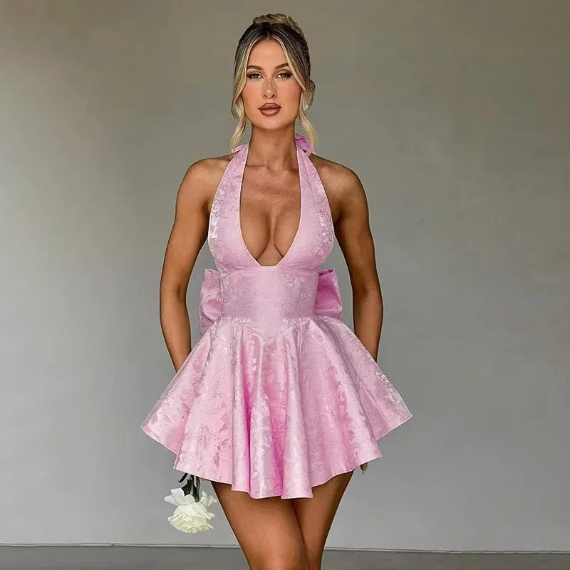 Floral embroidered mini A-line dress in light pink, halter neck, deep V, ruffled skirt