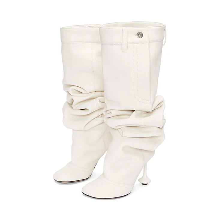 White thigh-high boots with round toe and slim heel, side button detail