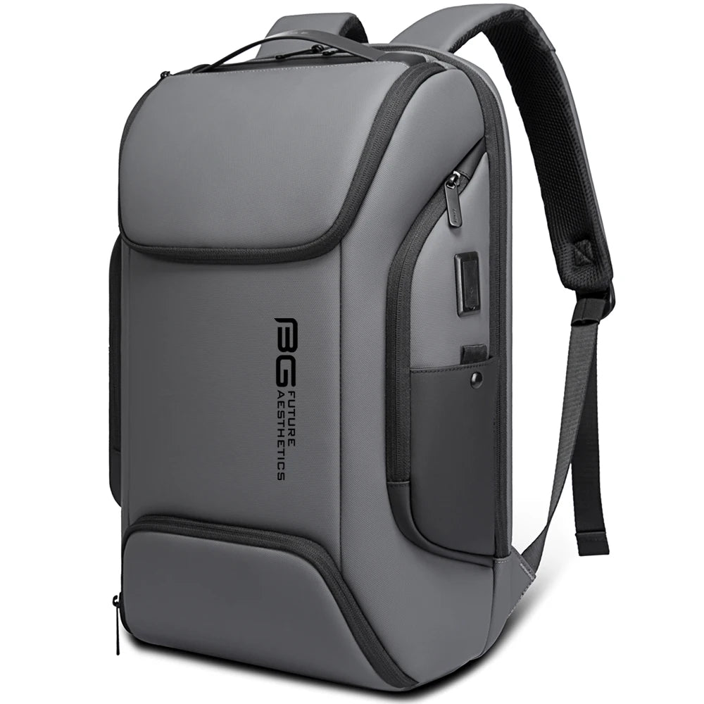 Grey waterproof business backpack with top carry handle front logo and zip compartments