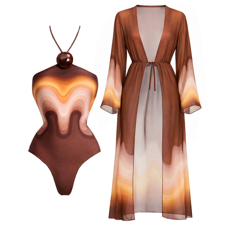 Brown wave-pattern halter one-piece swimsuit with high-cut legs and cheeky back