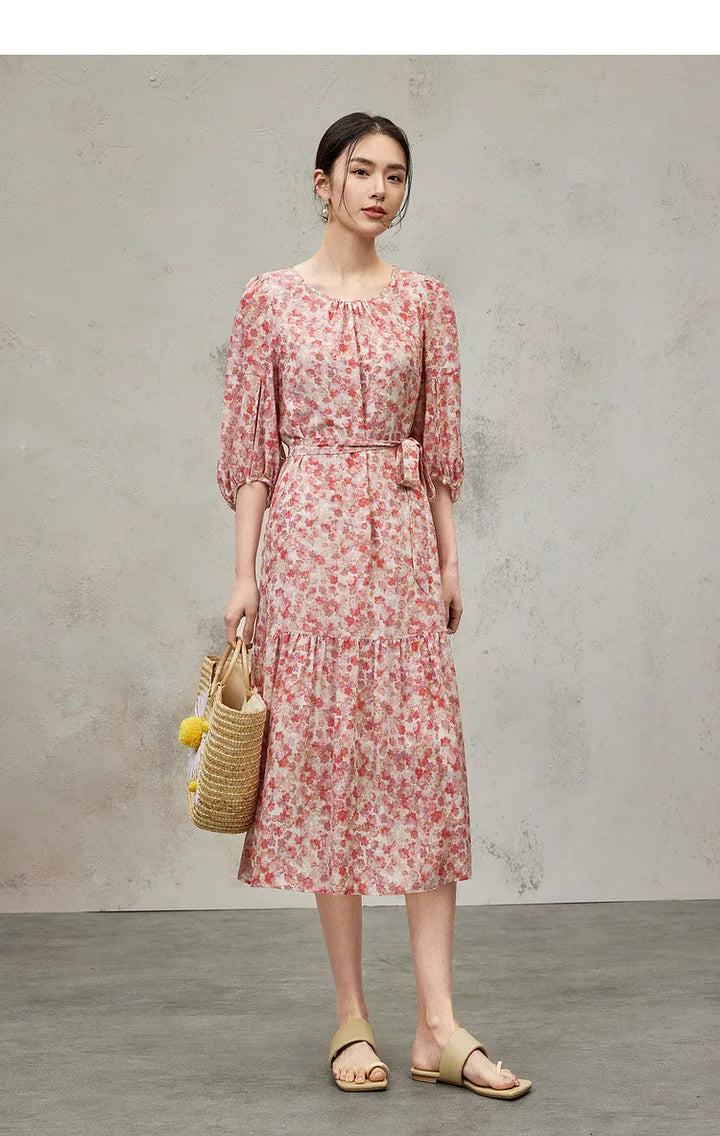 Tie Belt Short Sleeve Silk Dress