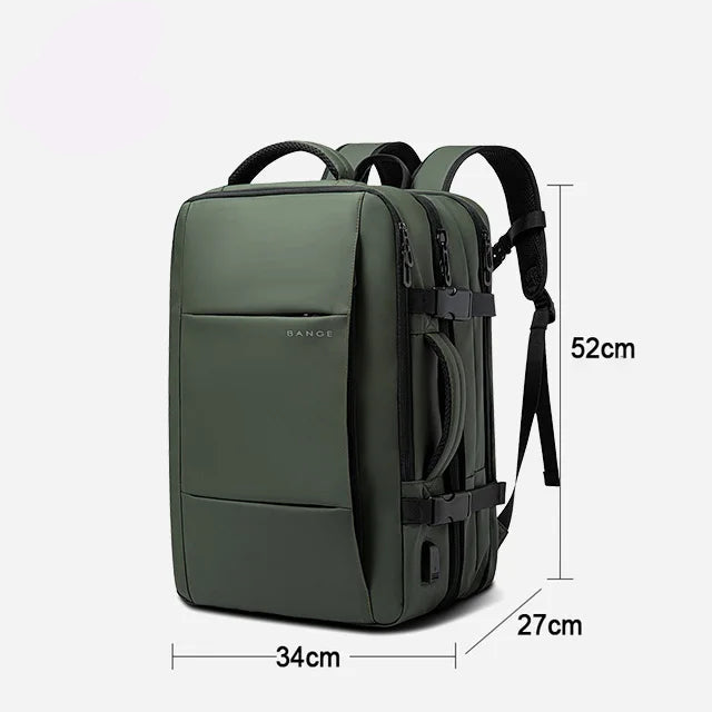 45L green waterproof backpack with dimensions 34cm wide, 27cm deep, 52cm tall