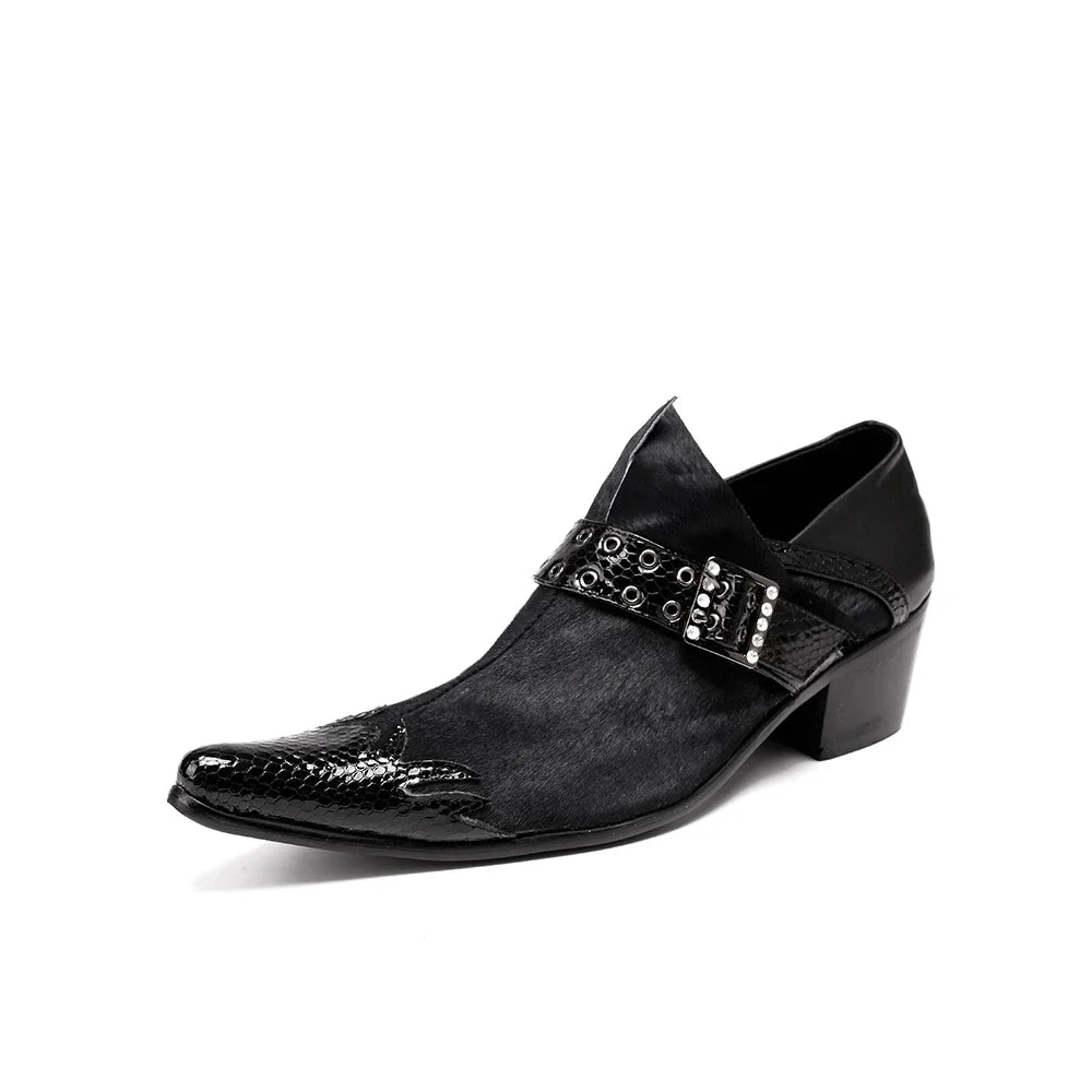 Black men’s leather formal loafer with silver stud buckle across the instep
