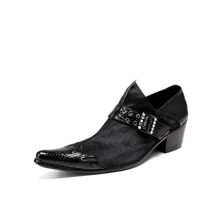 Black men’s leather formal loafer with silver stud buckle across the instep