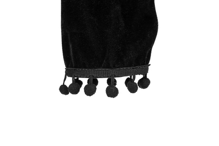 Black long-sleeve crop top sleeve hem with pom-pom tassel trim