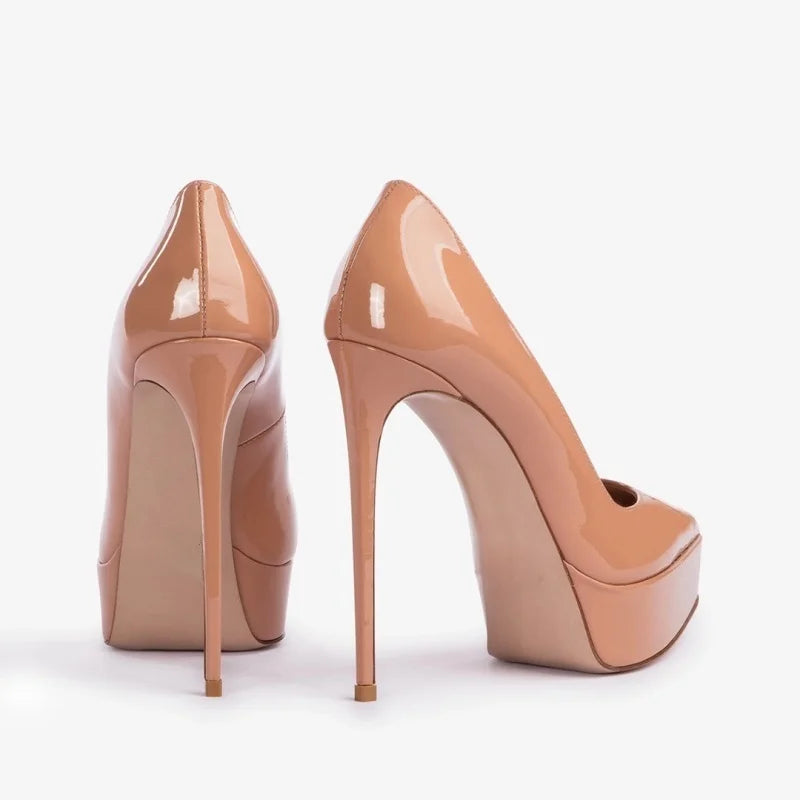 Women’s patent leather platform heel pumps, nude beige, pointed toe, side and back views