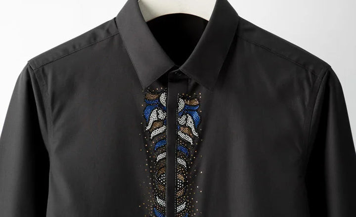 Black slim-fit dress shirt with rhinestone embroidery along center placket