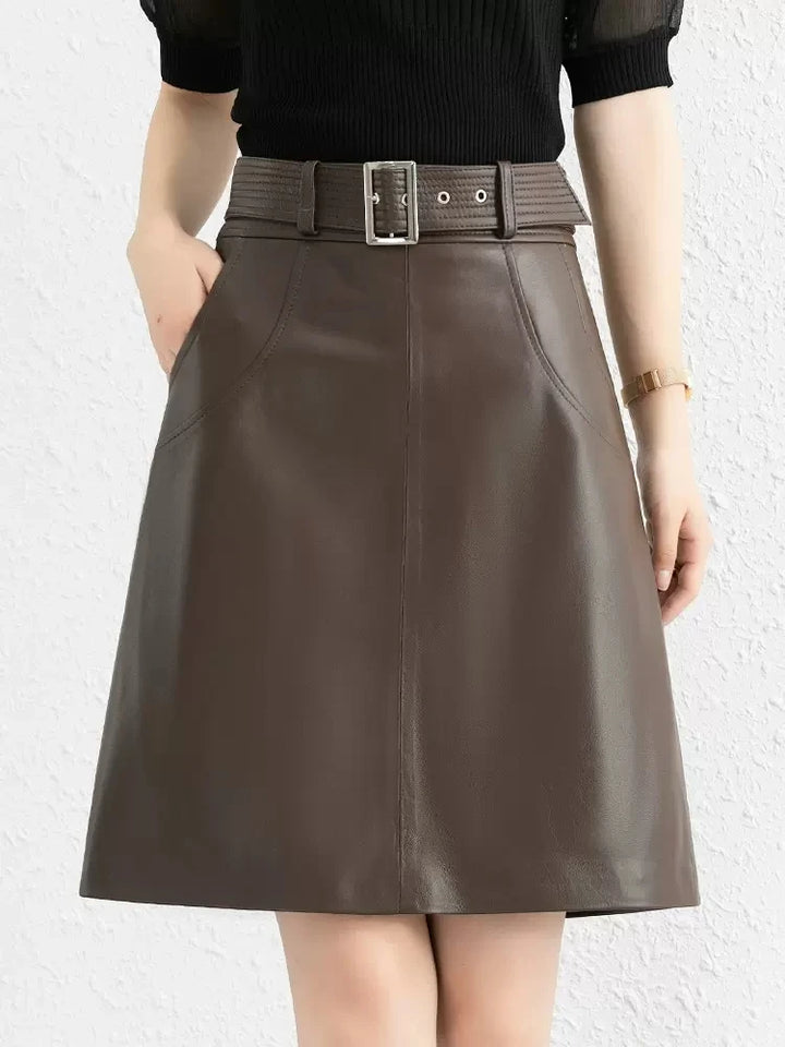 Coffee brown leather midi skirt with wide waistband and buckle belt
