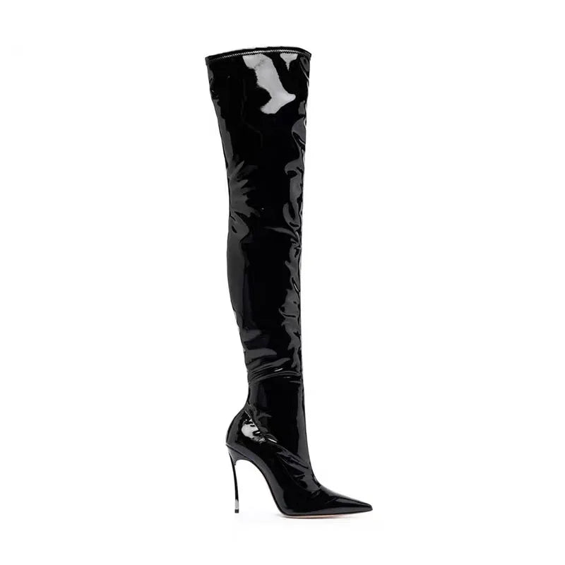 Black shiny patent leather knee-high high heel boots with slim stiletto heel.