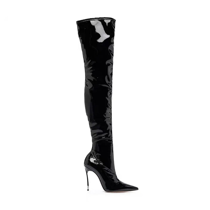 Black shiny patent leather knee-high high heel boots with slim stiletto heel.