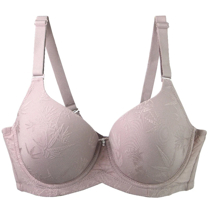Plus-size full coverage bra, light beige with jacquard leaf pattern, underwire, adjustable straps