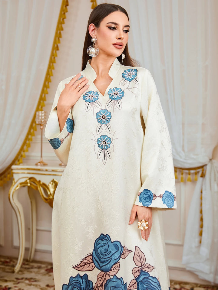 Attractive Floral Print Moroccan Abaya Dress