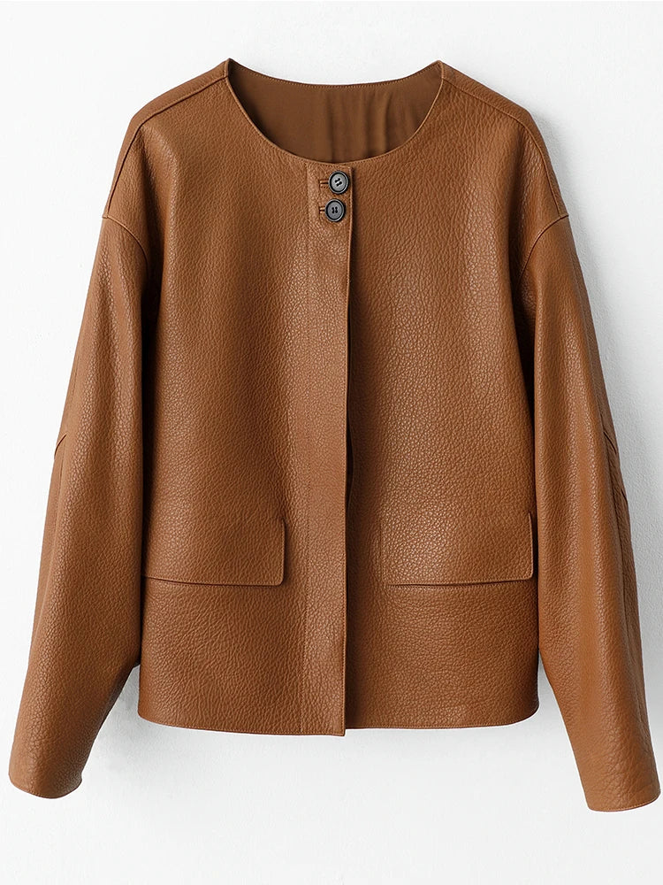 Ginger-brown leather short jacket, front view with stand collar and snap closures