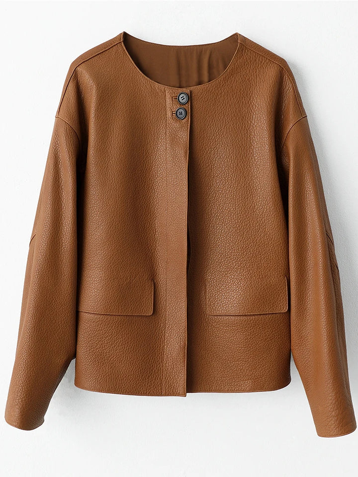 Ginger-brown leather short jacket, front view with stand collar and snap closures