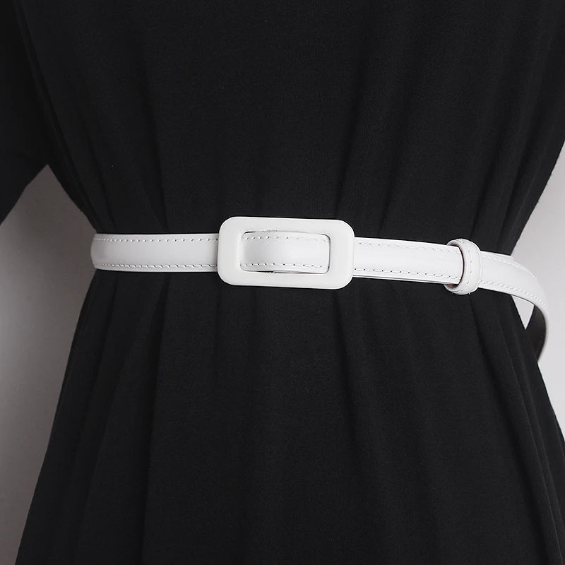 Women’s narrow genuine leather belt in white with rectangular white buckle