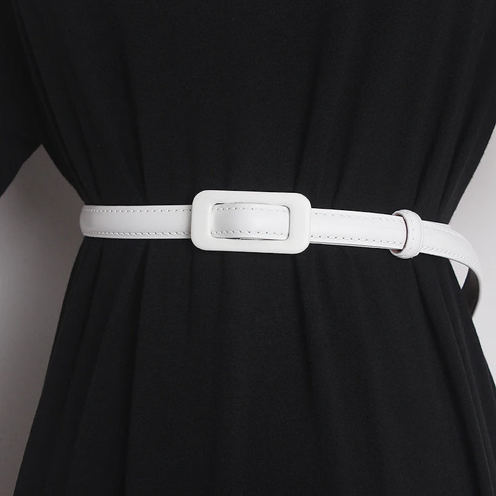 Women’s narrow genuine leather belt in white with rectangular white buckle