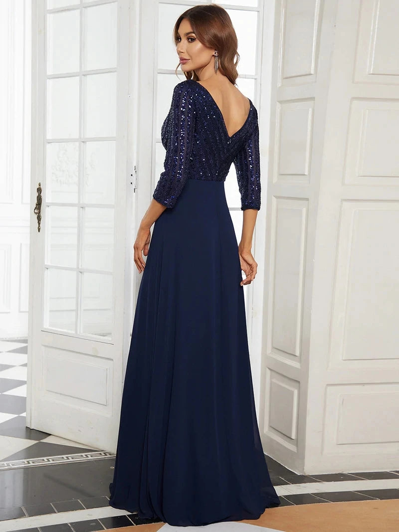 Three Quarter Sleeve A-Line Prom Dress