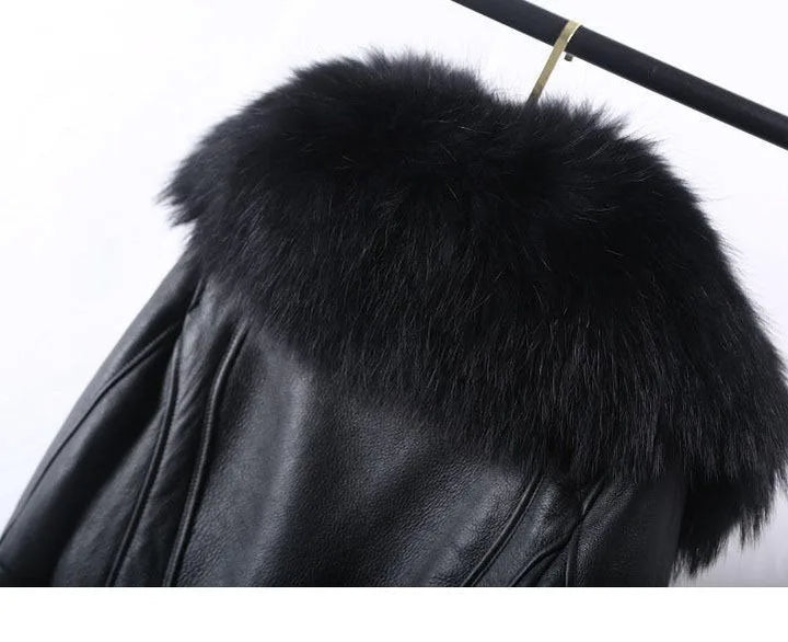 Black leather jacket with fluffy wide faux-fur shoulder collar detail