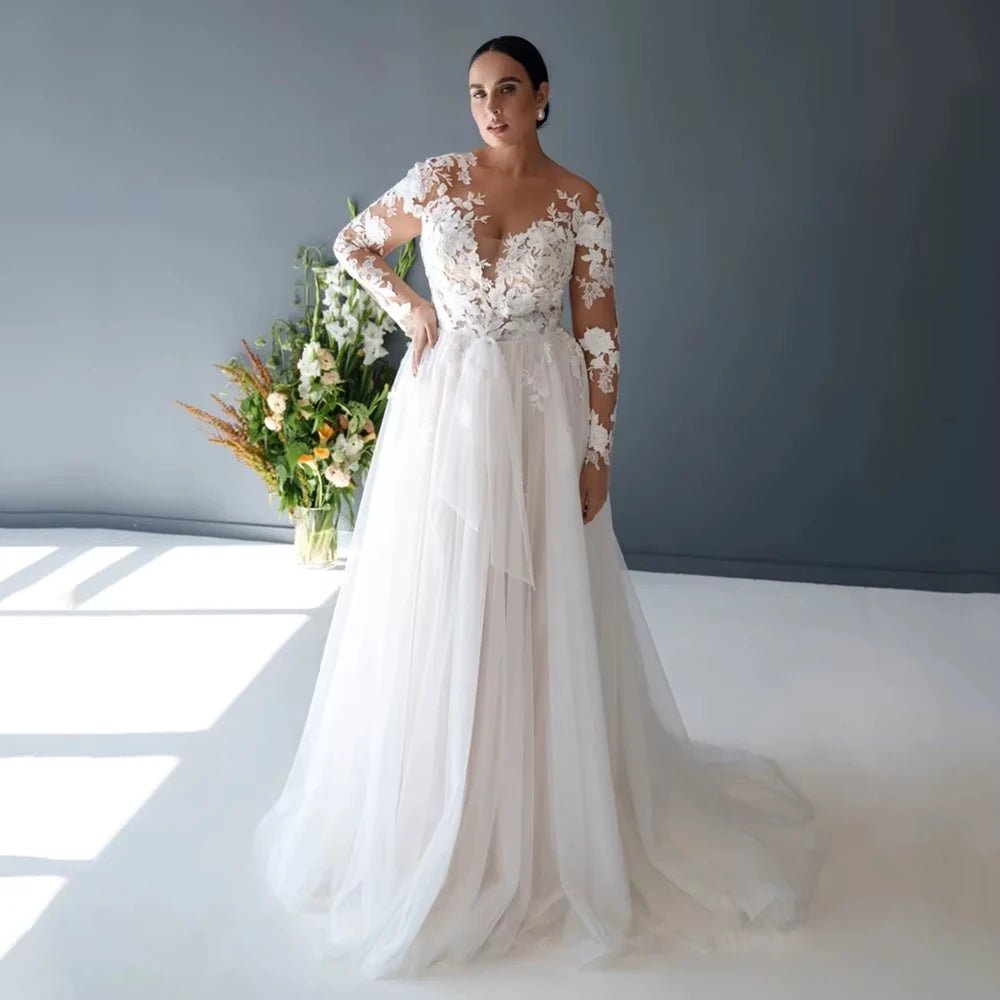 Luxury Sheer Round Neck Plus Size Bridal Dress