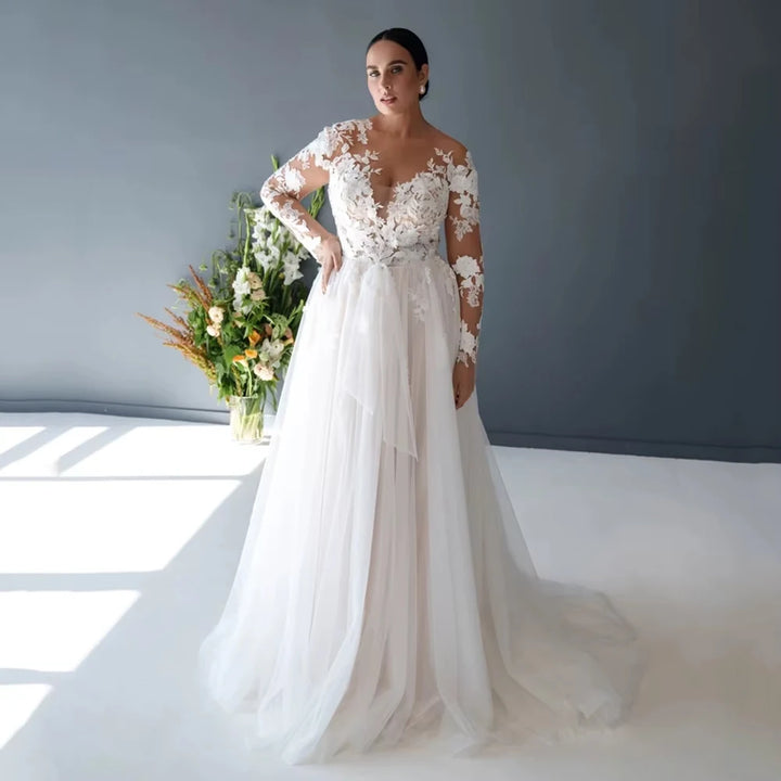 Luxury Sheer Round Neck Plus Size Bridal Dress
