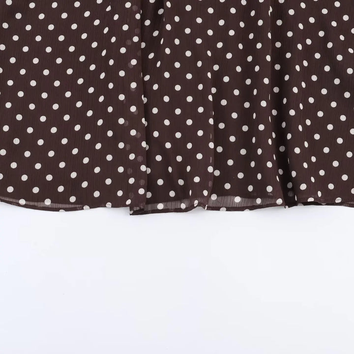 Women’s chiffon high-neck blouse skirt portion, dark brown with white polka dots, pleated